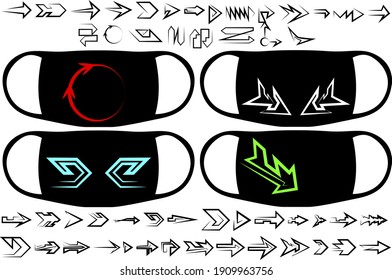 A large set of graphic, abstract illustrations from various directional arrows. Prints on medical masks and for other purposes. Vector illustration.