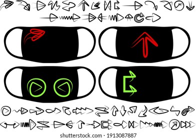 A large set of graphic, abstract illustrations from various directional arrows. Prints on medical masks and for other purposes. Vector illustration.