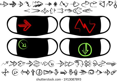 A large set of graphic, abstract illustrations from various directional arrows. Prints on medical masks and for other purposes. Vector illustration.