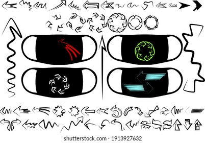 A large set of graphic, abstract illustrations from various directional arrows. Prints on medical masks and for other purposes. Vector illustration.