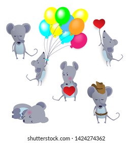 Large set of gray mice. Sleeping rodent, the Sheriff, in love with the mouse. Vector illustration in paper cut style isolated on white background.