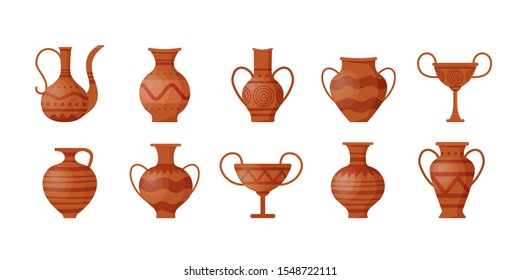 large set of greek vases. Ancient Greek or Roman ceramics. Old clay jugs. Set of archaeological artifacts. Vector image