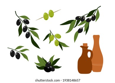 A large set with green and black olives on branches with leaves and a ceramic amphora, a bottle of olive oil. Vector graphics.