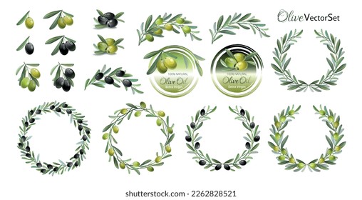 Large set of green and black olives. Olive branches, wreaths and labels. Vector illustration.