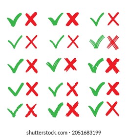 A large set of green ticks and red crosses in different styles. Vector illustration with symbols.