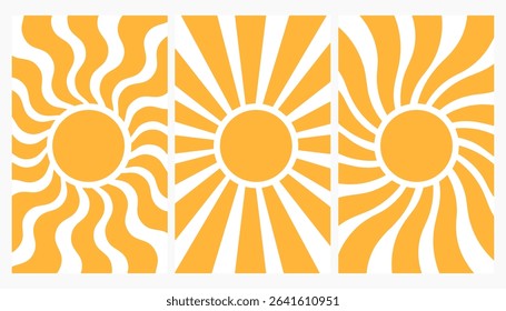 Large set groovy sun. Yellow textured retro sun. Posters from the 70s and 60s. Hippie style. Summer vintage patterns
