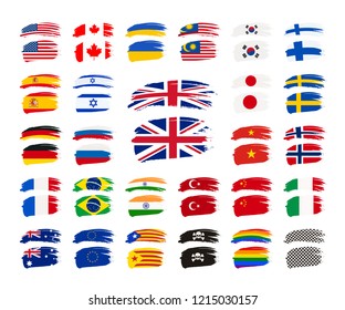 Large set of grunge brush strokes with different country flags on white