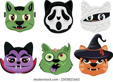 Grande conjunto con personajes de Halloween, a saber, varios gatos en la Imagen de Frankenstein, en una máscara de grito, momias, Drácula y zombis, Vector