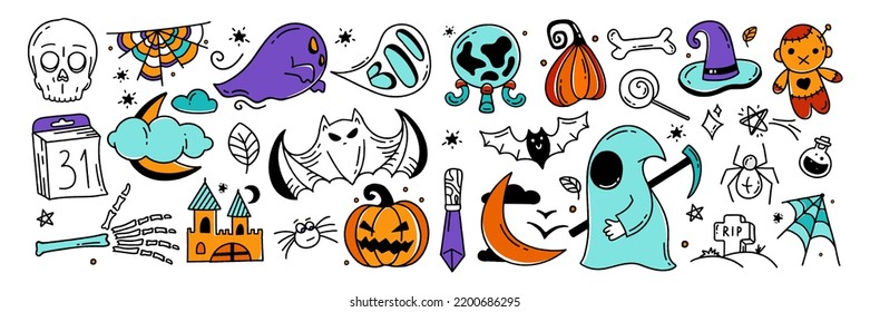 Large set of Halloween elements Doodle style vector design Illustration Isolated on white 