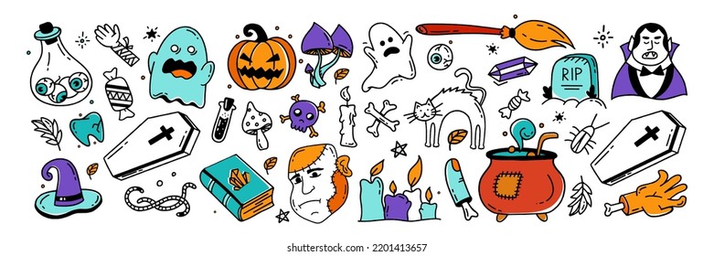 Große Reihe von Halloween-Elementen Doodle-Stil Vektordesign-Illustration einzeln auf Weiß 