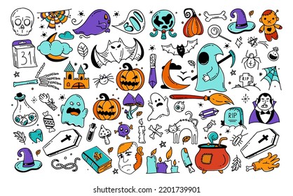 Large set of Halloween elements Doodle style vector design Illustration Isolated on white 