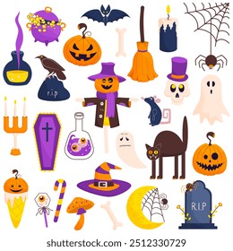 Large set of Halloween elements pumpkin, ghost, spider, fly, scarecrow, coffin, grave, cat, bat, rat, skull, poison, holiday candy.