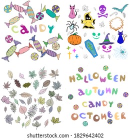 A large set for Halloween. Ghosts, pumpkin, candy, sweets, skull with bones, cats, bat, coffin, spider, cobweb, autumn leaves, witch hat. Lettering.