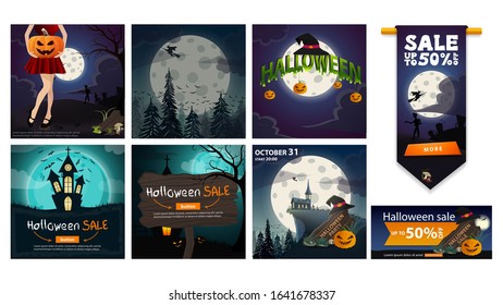 Large set Halloween posters, backgrounds, illustrations and banners isolated on white background