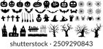 Large set of Halloween silhouettes. Hand drawn Halloween decorations elements: pumpkins with carved faces, cobwebs, spiders, bats, old houses with ghosts, grave crosses, old twisted trees, etc.. 