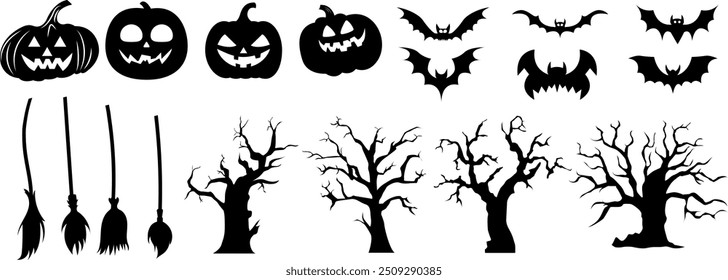 Large set of Halloween silhouettes. Hand drawn Halloween decorations elements: pumpkins with carved faces, bats, old twisted trees, broom. Vector Halloween set 