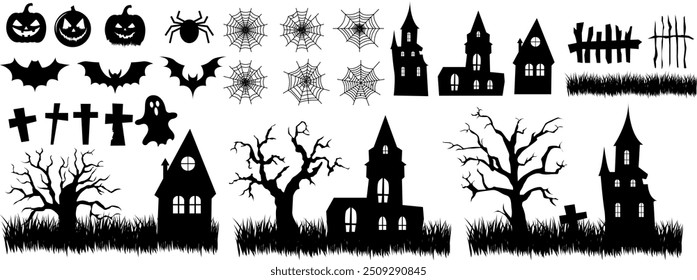 Large set of Halloween silhouettes. Hand drawn Halloween decorations elements: pumpkins with carved faces, cobwebs, spiders, bats, old houses with ghosts, grave crosses, old twisted trees, etc.. 