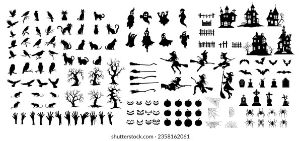  Large set of Halloween vector silhouettes including haunted houses, trees, bats, pumpkins, crosses, and flying witches.
