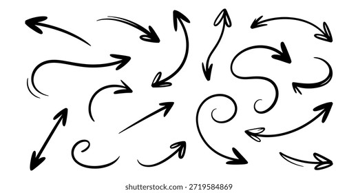 Un Grande conjunto de flechas dibujadas a mano en varios estilos de doodle que indican dirección y Vector de movimiento, ilustración