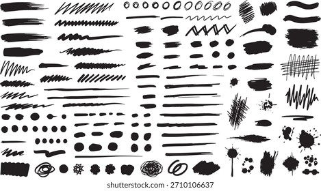 Grande conjunto de trazos de pincel grunge negro dibujado a mano y líneas de tinta ásperas con puntos garabatos para Elementos de diseño