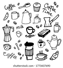 Large set of hand drawn coffee doodles: drinks, desserts, beans and other related objects.