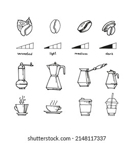 Large set of hand drawn coffee doodles: drinks, desserts, beans and other related objects. Vector sketch illustration.