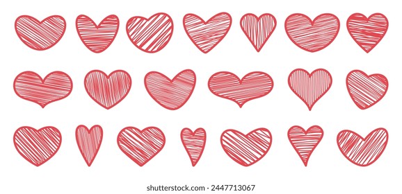 Large set of hand drawn doodle red hearts of various shapes on a white background. Design elements for Valentine's Day, wedding, for web. Vector illustration eps10