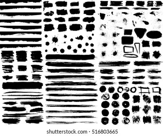 Large set of hand drawn grunge elements isolated on white background. Black ink borders, brush strokes, stains, banners, blots, splatters. Vector illustration