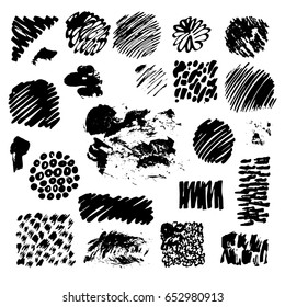 Large set of hand drawn grunge elements isolated on white background. Black ink borders, brush strokes, stains, banners, blots, splatters. Vector illustration