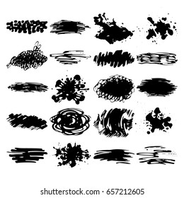 Large set of hand drawn grunge elements isolated on white background. Black ink borders, brush strokes, stains, banners, blots, splatters. Vector illustration