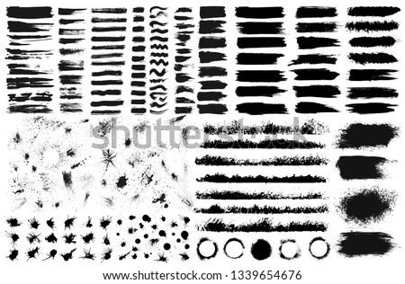 Large set of hand drawn grunge elements isolated on white background. Black ink borders, brush strokes, stains, banners, blots, splatters, spray. Vector illustration