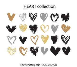 Un gran conjunto de corazones dibujados a mano para el día de San Valentín. Ilustración vectorial aislada. Dorado, negro y gris