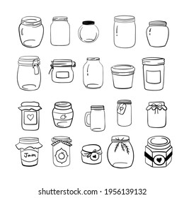 Large Set of Hand Drawn Mason Jar. Jars with a lid, with a label, with a ribbon. Vector illustration in style outline.