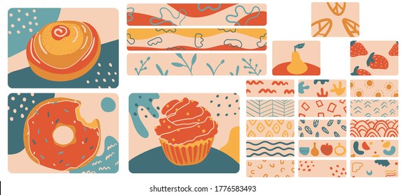 Large set of hand drawn minimalist abstract doodles in vintage style. Varicoloured horizontal backgrounds with donuts, a bun, a cupcake, leaves, a pear, strawberries, flowers, a rainbow. Vector EPS 10