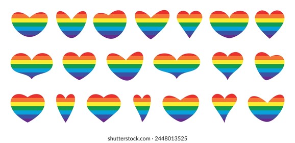 Large set of hand drawn rainbow hearts of various shapes on a white background. Design elements for Valentine's Day, wedding, for web. Vector illustration eps10