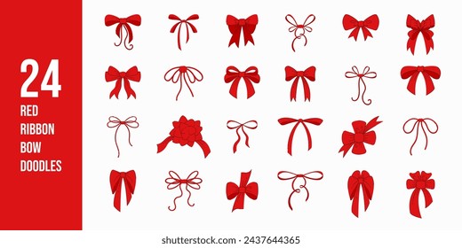 Large set of hand drawn red ribbon bow knots. Decoration elements. Various bow doodles for presents, gift boxes, traditional holidays. Flat cartoon vector illustration.