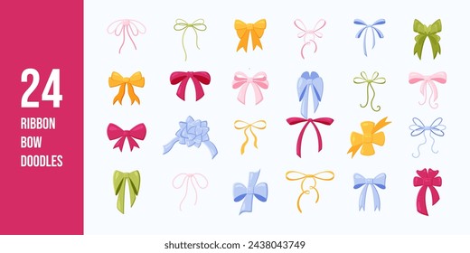 Large set of hand drawn ribbon bow knots. Decoration elements. Various doodle bows for presents, gift boxes, traditional holidays. Flat cartoon vector illustration.	