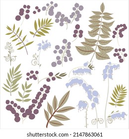 Large set of hand drawn vector flowers and branches with leaves, flowers, berries. Collection of floral sketches. Decorative elements for design