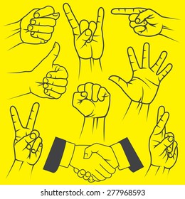 A large set of hand gestures on a yellow background.