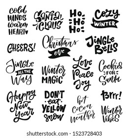 Large set of hand lettered winter holiday quotes. Isolated on white background. Vector Christmas illustrations