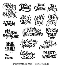 Large set of hand lettered winter holiday quotes. Vector Christmas illustrations. Isolated on white background