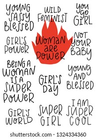 A large set of hand lettering girl's power phrases with doodle elements and flowers. For clothes, t-shirts, pictures, cards. For covers and diaries. Vector illustration