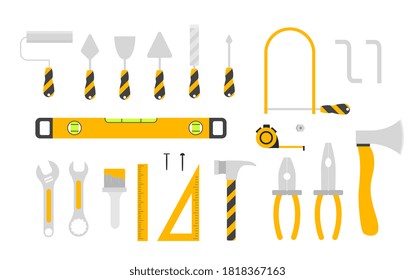 Large set of hand tool icons isolated on white for design elements with construction, DIY, spanners, pliers and axe, colored vector illustration