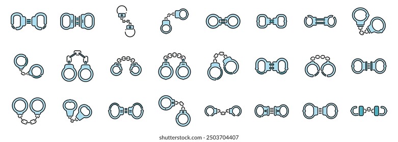 Large set of handcuff icons showing different styles and designs of this tool used for arresting criminals