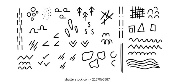 A large set of hand-drawn abstract marks. Abstract spots, dashes, dots, circles, crosses and waves on a white background. Vector EPS-10.