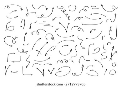 Un Grande conjunto de flechas dibujadas a mano en marcador negro, aislado en blanco, Vector. Un boceto con una línea de diferentes signos de navegación simples, indicadores de dirección en el estilo doodle. Símbolo de movimiento curvo