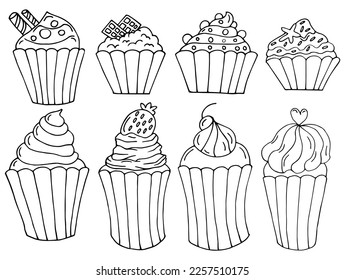 Large set of hand-drawn assorted cupcakes, illustration. Black outline. Doodles, icons for cafes, food industry