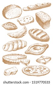 Large set of hand-drawn baked goods, pastries, bread, loaves, pizza and khachapuri. Tasty buns for bakery. Vector illustration on a light isolated background.
