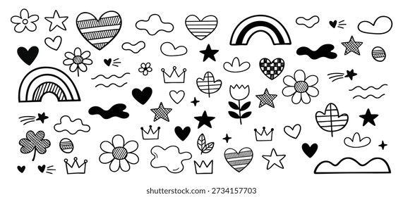 Large set of hand-drawn black and white doodle elements featuring hearts, stars, flowers, and rainbows. Playful minimalist sketch icons.
