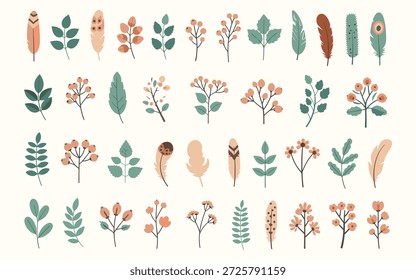 Um grande conjunto de elementos boêmios desenhados à mão apresentando bagas da floresta, galhos de folhas e penas de pássaros